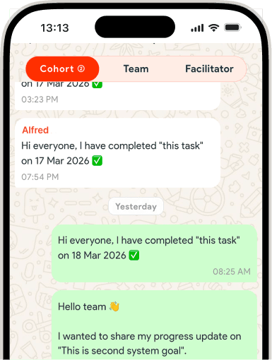 Mobile screen representing cohort-based social learning activities